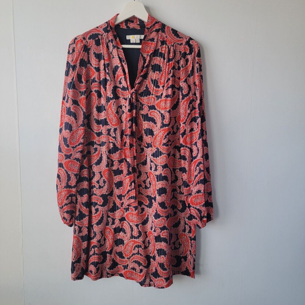 boden womens Tie Neck Mini Dress‎ Size 4R Red Paisley Cluster front placket